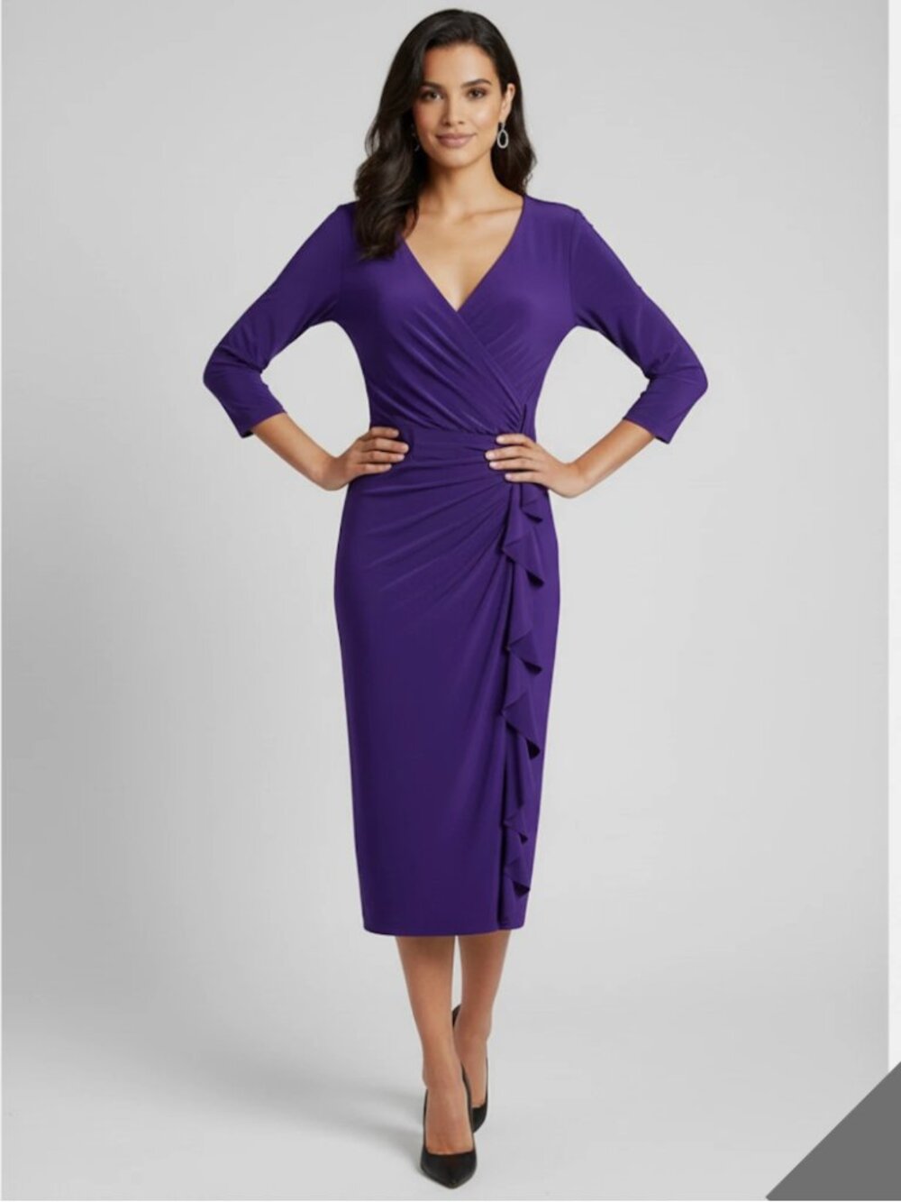 American Living Purple Faux Wrap Dress Size 4 Ruched Ruffle Front 3/4 Sleeve